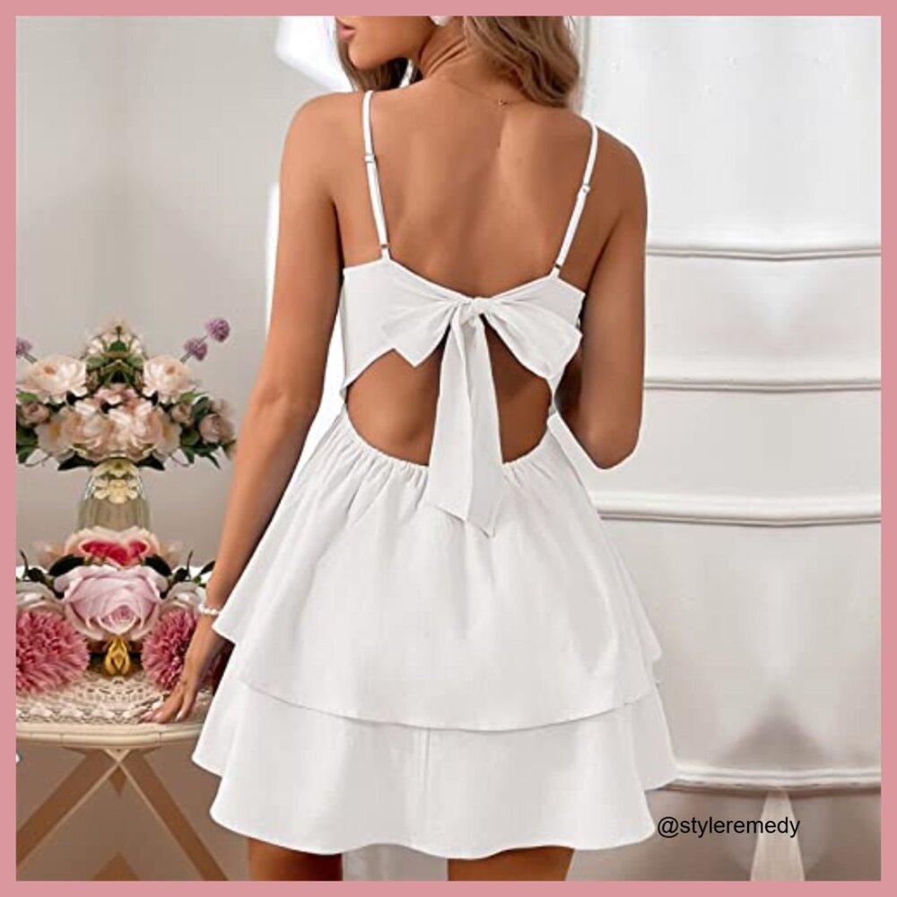 Polyester Spaghetti Strap Backless Bow Mini Dress… - image 5